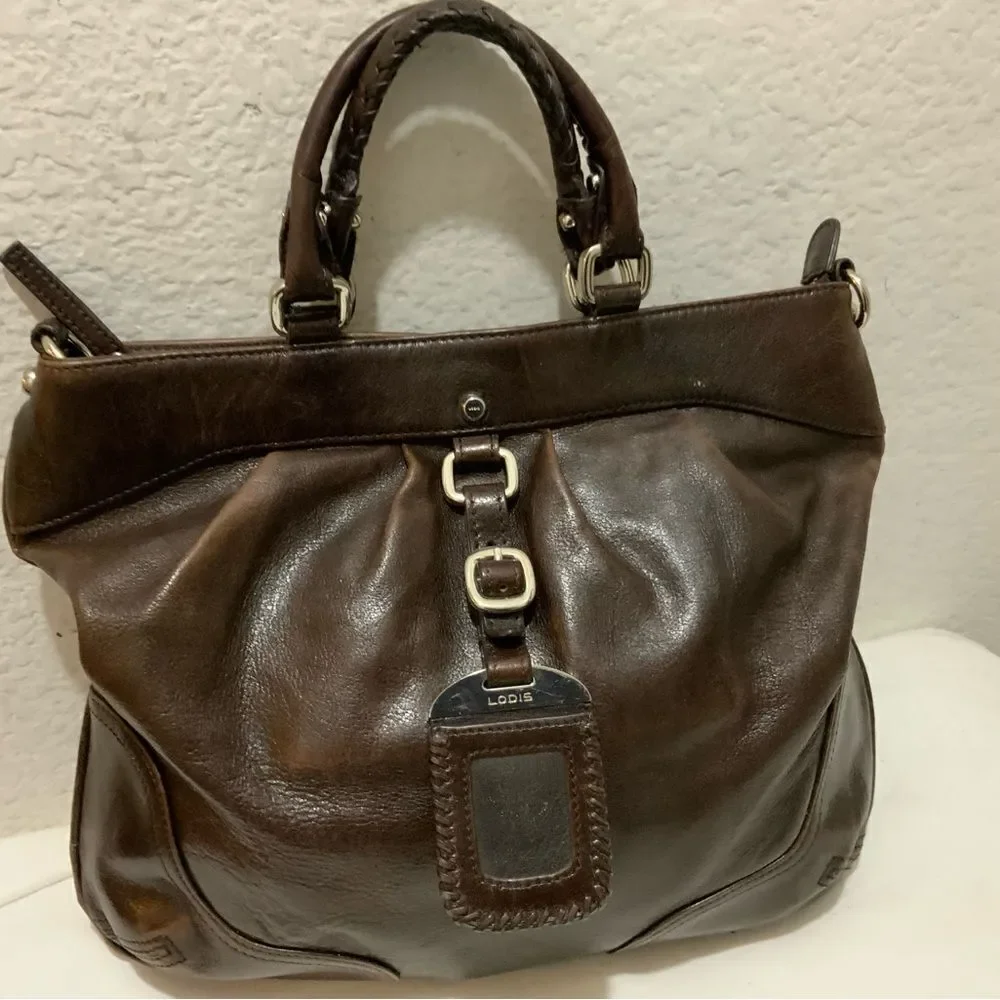 Lodis handbag double handles zip top pleated front brown